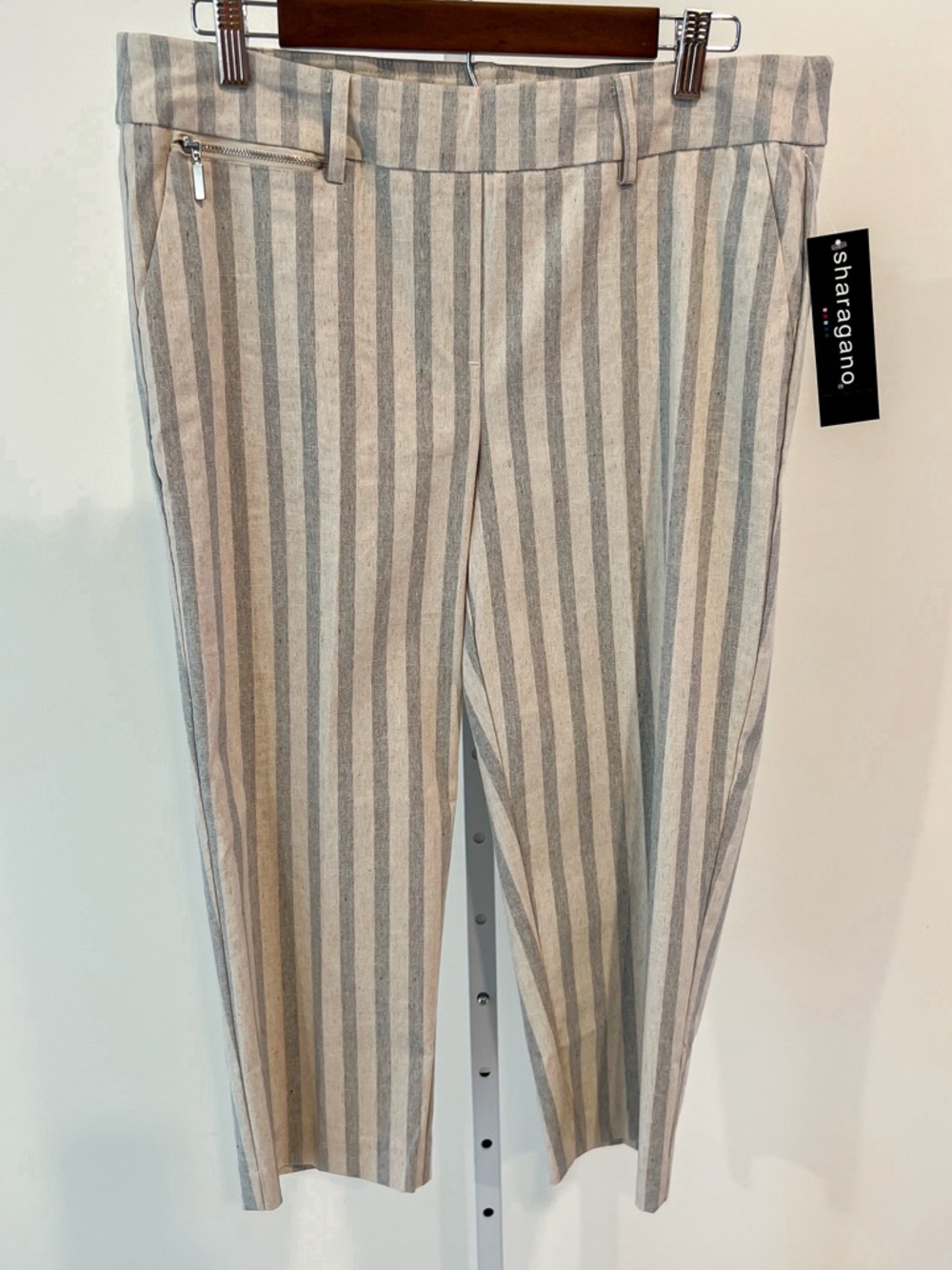 NWT Sharagano Gray and Ecru Tan Striped Linen Blend Cropped Pants Womens Sz 12